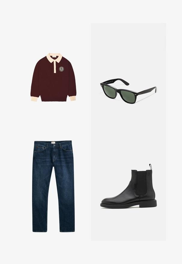 Polo à manches longues bordeaux avec col et poignets crème, patte de boutonnage et logo circulaire "Prohibited Berlin" sur la poitrine gauche.; Jean en denim bleu foncé avec une coupe droite, fermeture à bouton et à glissière, et poches avant. Texture lisse et décoloration minimale.; Botte de cheville en cuir noir avec une texture lisse, des panneaux latéraux élastiques et une languette. Bout rond et semelle en caoutchouc plate avec un minimal de relief.; Lunettes de soleil en plastique noir avec verres verts, monture carrée, accent argenté sur le sourcil et branches texturées. Marque indiquée sur l'intérieur de la branche.