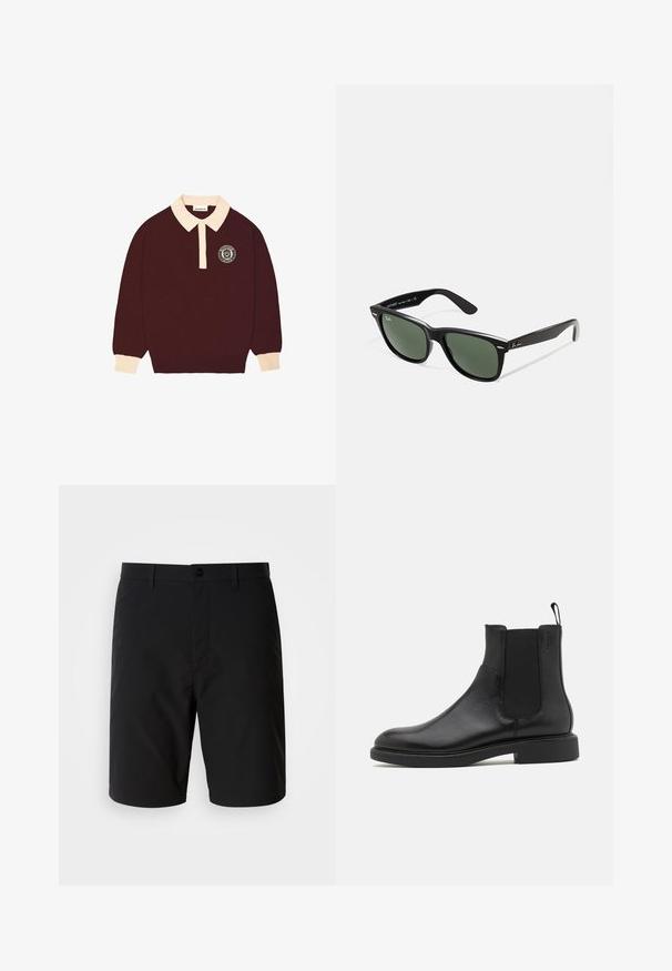 Bordo polo s majicami z dolgimi rokavi s kremno barvo na ovratniku in manšetah, z gumbnim zapenjanjem in krožnim logotipom "Prohibited Berlin" na levi prsi.; Črne kratke hlače iz gladkega, lahkega blaga. Imajo gumbasto zapiranje in čist, raven kroj brez vidnih vzorcev.; Črne usnjene gležnjarje z gladko teksturo, elastičnimi stranskimi paneli in zanko za obuvanje. Okrogel prst in raven gumijast podplat z minimalnim profilom.; Črne plastične sončna očala z zelenimi lečami, kvadratni okvirji, srebrni detajl na obrvi in teksturirani ročaji. Blagovna znamka navedena na notranji strani ročaja.