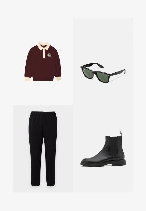 Tumepruun pika varrukaga polo särk, millel on kreemjas krae ja mansetid, nööpidega lukuga ja ümmargune "Prohibited Berlin" logo vasakul rinnal.; Mustad mustad vabaaja püksid elastse vöökoht ja pahkluupooled, esitatud lihtsa valge tausta ees.; Must musta nahkasaapad sujuva pinnaga, elastsete külgpaneelidega ja tõmblukuga. Ümmargune varvas ja lamedad kummist tallad, millel on minimaalne kulumus.; Mustad mustan plastiku prillid roheliste läätsedega, ruudukujulised raamid, hõbedane aksent kulmude peal ja tekstuuriga tempelkäed. Brändi nimi on märgitud sisevarrele.