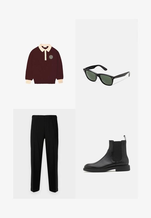 Vinröd långärmad polo med krämfärgad krage och ärmslut, knäppt knäppning och cirkulär "Förbjuden Berlin"-logotyp på vänster bröst.; Svarta byxor i slätt tyg, med rak skärning, två framfickor och dragkedja med knappstängning.; Svart läderankleboot med slät yta, elastiska sidopaneler och dragtab. Rund tå och platt gummisul med minimal profil.; Svarta plastsolglasögon med gröna linser, fyrkantiga bågar, silverdetalj på ögonbrynet och texturerade skalmar. Angiven märkning på den inre skalmen.