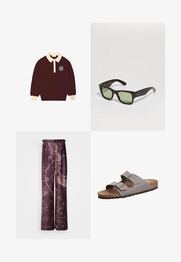 Maroon long-sleeve polo shirt with cream collar and cuffs, buttoned placket, and circular "Prohibited Berlin" logo on the left chest.; Purple wide-leg pants with a map print in a lighter hue. Made from smooth fabric, featuring pleats and an elastic waistband.; Gray two-strap sandal with a cork footbed and rubber sole. Features adjustable metal buckles and a smooth upper material.; Brown tortoiseshell sunglasses with green lenses, square shape, and metal accents. Features logo on the left temple. Matte finish.
