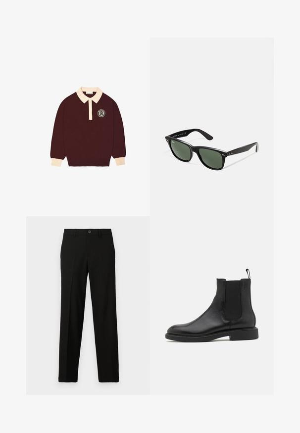 Bordo majica s dugim rukavima i polu-kragnom kremaste boje, s dugmetima na prednjem dijelu i kružnim logom "Prohibited Berlin" na lijevoj strani prsnog koša.; Crne hlače od glatkog materijala, s ravnim krojem, kopčanjem na dugme u struku i bez vidljivih uzoraka ili akcenata.; Crne kožne gležnjače s glatkom teksturom, elastičnim bočnim panelima i petljicom za obuvanje. Okrugli нос i ravni gumeni potplat s minimalnim uzorkom.; Crne plastične sunčane naočale s zelenim staklima, kvadratni okviri, srebrni naglasak na obrvi i teksturirane ručke. Naziv brenda naveden na unutrašnjoj strani ručke.