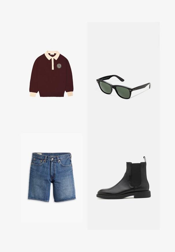 Polo a maniche lunghe marrone con colletto e polsini crema, patta con bottoni e logo circolare "Prohibited Berlin" sul lato sinistro del petto.; Shorts in denim in lavaggio blu medio con un design classico. Presentano cinque tasche, passanti per cintura e hardware color rame. Texture invecchiata su tutta la superficie.; Stivale alla caviglia in pelle nera con texture liscia, pannelli laterali elastici e una linguetta per il tallone. Punta rotonda e suola piatta in gomma con minimo battistrada.; Occhiali da sole in plastica nera con lenti verdi, montatura quadrata, dettaglio argento sulla parte superiore e steli con texture. Marchio indicato sulla parte interna dello stelo.