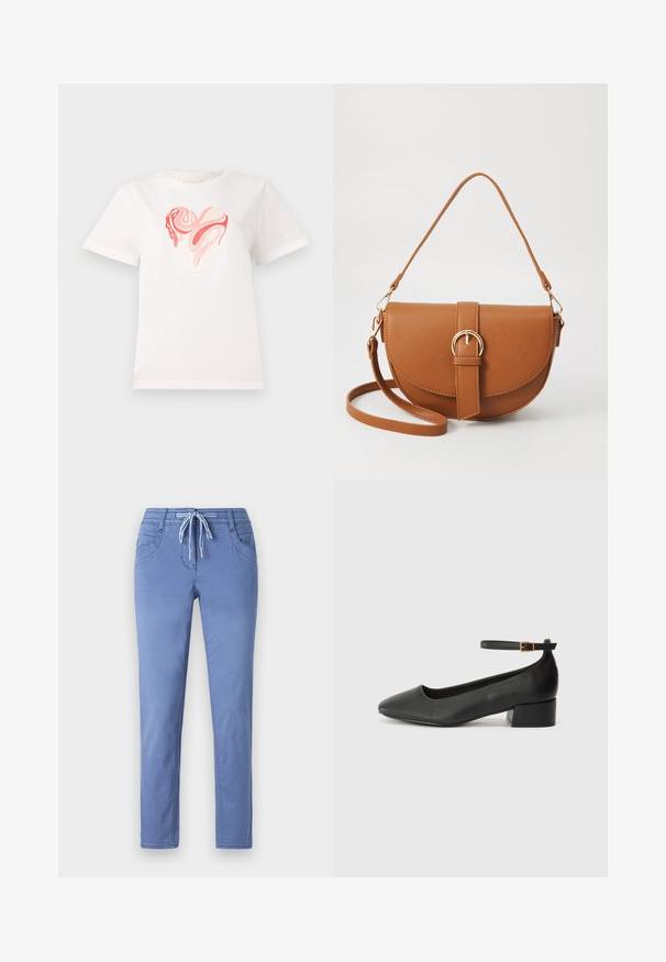 White cotton t-shirt featuring a heart graphic in shades of pink and coral, with swirling abstract patterns at the center. Short sleeves, crew neck.; Light blue pants with a drawstring waistband, two front pockets, and a slim fit. Fabric has a soft texture with subtle stitching details.; Black leather pump with a pointed toe and a low block heel. Features an ankle strap with a gold-tone buckle. Smooth texture.; Brown leather crossbody bag with a curved shape, gold hardware, and a buckle accent. Features a detachable shoulder strap.
