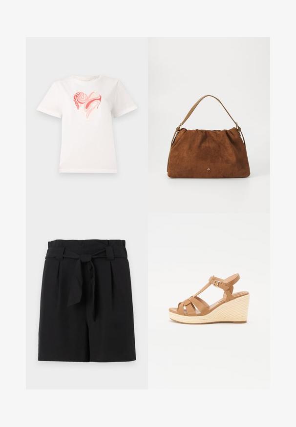 Tricou alb din bumbac cu un grafic în formă de inimă în nuanțe de roz și coral, cu modele abstracte spirale în centru. Mâneci scurte, gât rotund.; Pantaloni scurți negri, la comandă, cu talie înaltă, având un cordon legat, pliseuri și o textură de țesătură netedă.; Santoți cu toc wedge în nuanță de bej, cu un design cu bretele încrucișate, cataramă reglabilă la gleznă și un toc texturat, stil espadrilă.; Geantă din suede maro cu un design plisat, având o curea din piele bej și un detaliu subtil cu logo auriu în partea din față.