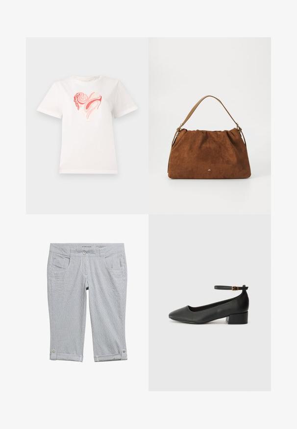 White cotton t-shirt featuring a heart graphic in shades of pink and coral, with swirling abstract patterns at the center. Short sleeves, crew neck.; Striped capri pants in light gray and white. Features a button closure, four pockets, and rolled hems with button accents. Soft fabric texture.; Black leather pump with a pointed toe and a low block heel. Features an ankle strap with a gold-tone buckle. Smooth texture.; Brown suede handbag with a gathered design, featuring a single tan leather strap and a subtle gold logo detail on the front.