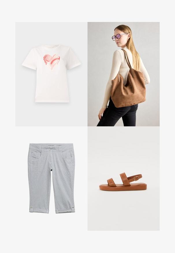 Witte katoenen t-shirt met een hartgrafiek in tinten roze en koraal, met draaiende abstracte patronen in het midden. Korte mouwen, ronde hals.; Gestreepte capri-broek in lichtgrijs en wit. Voorzien van een knoopsluiting, vier zakken en opgerolde zoom met knoopaccenten. Zachte stoftextuur.; Bruine leren sandalen met twee brede banden en een achterband, met een platte zool met subtiele stikdetails en een metalen gesp accent.; Bruine suède totebag met zachte textuur, grote opening en lange hengsels. Het heeft een eenvoudig ontwerp met zichtbare stiksels en geen hardware.