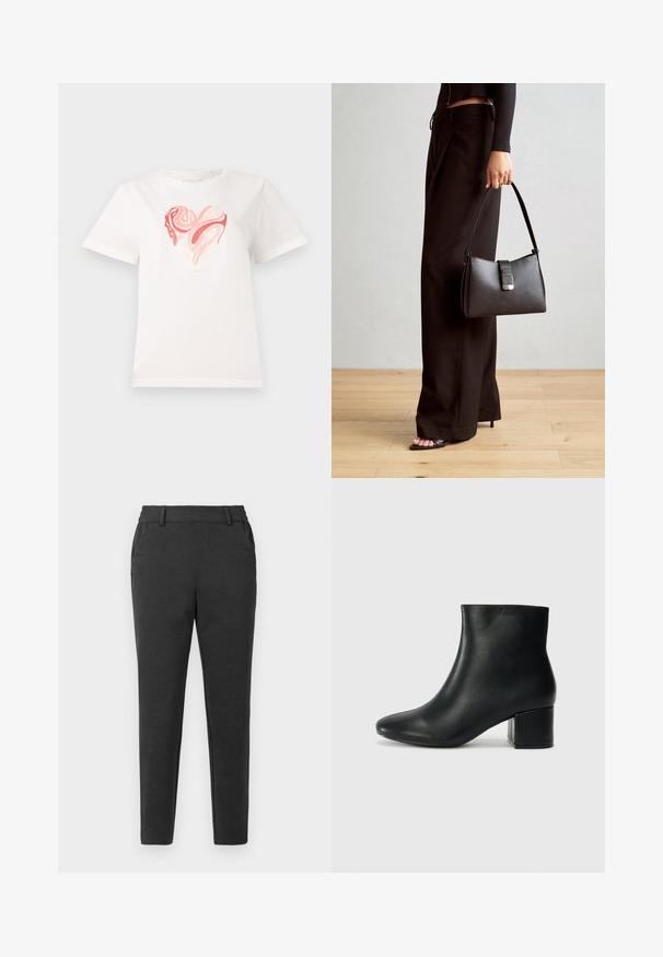 Baltos medvilnės marškinėliai su širdies grafika rožinėmis ir koralinėmis spalvomis, centre esančiais besisukančiais abstrakčiais raštais. Trumpomis rankovėmis, apvalia iškirpte.; Tamsiai pilki siauri kelnių modeliai su diržo kilputėmis, šoninėmis kišenėmis ir siaurėjančia kojos dizainu ant šviesaus fono.; Juodos odinės aulinės botai su smailiu priekiniu pirštu ir storu kulnu. Lygus tekstūra su minimaliomis detalėmis ir elegantišku, tvirtai priglundančiu dizainu.; Juodas rankinė struktūrizuota forma, lygi tekstūra ir metalinis užsegimas. Suporuota su plačiomis juodomis kelnėmis ir atvirais bateliais ant medinių grindų.
