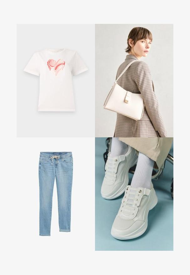 Weißes Baumwoll-T-Shirt mit einem Herz-Graphic in verschiedenen Rosa- und Koralltönen, mit wirbelnden abstrakten Mustern in der Mitte. Kurze Ärmel, Rundhalsausschnitt.; Hellblaue Jeans aus Denim mit geradem Schnitt, elastischem Kordelzugbund, umgeschlagenen Säumen und Fronttaschen. Mit dezenten Verwaschungen gestaltet.; Weiße Sneaker aus Mesh-Material, mit Gummisohle, schnürfreiem Design mit elastischen Bändern und goldfarbenen Akzenten.; Weiße Lederhandtasche mit strukturiertem Design, ausgestattet mit einem Magnetverschluss und einem Schulterriemen, präsentiert vor einem neutralen Hintergrund.