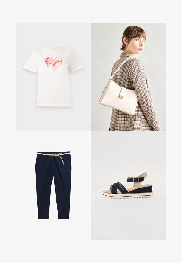 Balts kokvilnas T-krekls ar sirds grafiku rozā un korallēto toņu nokrāsās, centrā ar gracioziem abstraktiem rakstiem. Īsas piedurknes, apaļa kakla izgriezums.; Tumši zilie chinos ar austu krēma jostu. Iekļauti divi sānu kabatas, brīvs piegriezums un sarullēti pogu gali. Kokvilnas audums.; Tumši zili zābaki ar divām auduma siksnām, regulējamu potītes siksnu un teksturētu bēša aizmuguri. Bieza, balta, izgriezta zole. Zīmola nosaukums uz siksnas.; Balta ādas rokassoma ar strukturētu dizainu, kurai ir magnētiska aizdare un plecu josta, parādīta uz neitrāla fona.