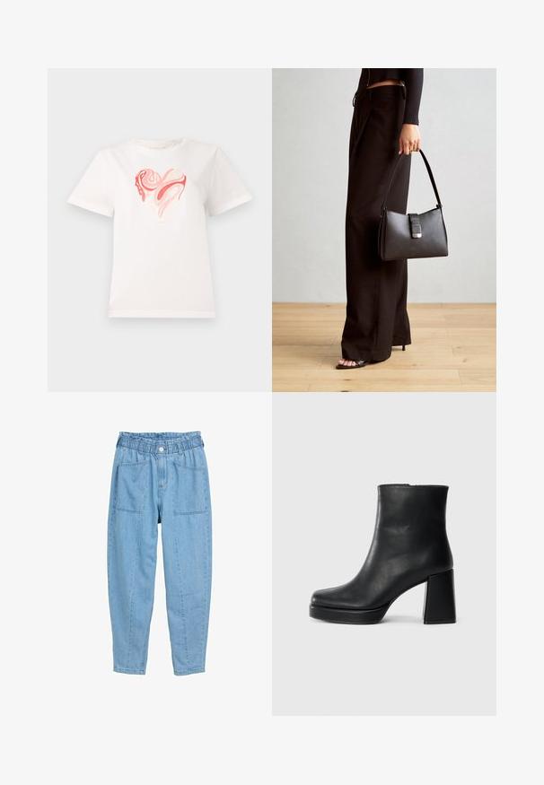 Baltos medvilnės marškinėliai su širdies grafika rožinėmis ir koralinėmis spalvomis, centre esančiais besisukančiais abstrakčiais raštais. Trumpomis rankovėmis, apvalia iškirpte.; TOM TAILOR DENIM TTBARREL Paperbag - Siaurėjantys džinsai - used bleached blue denim; Juodas odinis kulkšninis botas su bloku ir platformos padu, matomas šoniniu vaizdu ant balto fono.; Juodas rankinė struktūrizuota forma, lygi tekstūra ir metalinis užsegimas. Suporuota su plačiomis juodomis kelnėmis ir atvirais bateliais ant medinių grindų.