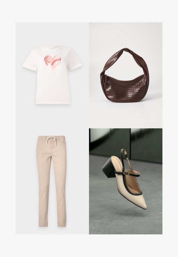 White cotton t-shirt featuring a heart graphic in shades of pink and coral, with swirling abstract patterns at the center. Short sleeves, crew neck.; Beige striped cotton trousers with a drawstring waist, tapered legs, and two front pockets. Smooth texture, casual design.; Beige pointed-toe slingback shoe with black trim, gold buckle, and a chunky block heel on gray floor with dark green background.; Brown woven leather handbag with a curved, knotted handle and a zippered closure. Smooth texture and rounded shape.