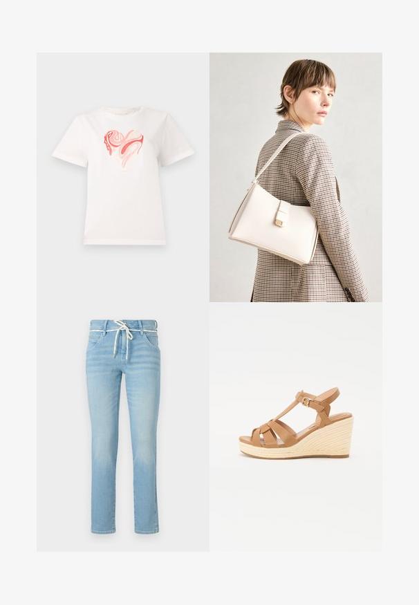 Fehér pamut póló, középen szív grafikával, rózsaszín és korall árnyalataiban, forgó absztrakt mintázatokkal. Rövid ujjú, kerek nyakkivágású.; Világoskék farmernadrág, egyenes szárú fazonnal, fehér zsinórral a derékban és finom kopásokkal az egész anyagon.; Barna wedge szandálok keresztszalagos dizájnnal, állítható bokapánttal és texturált szőtt espadrille stílusú wedge platformmal.; Fehér bőr táska strukturált dizájnnal, mágneses záródással és vállpánttal, semleges háttér előtt bemutatva.