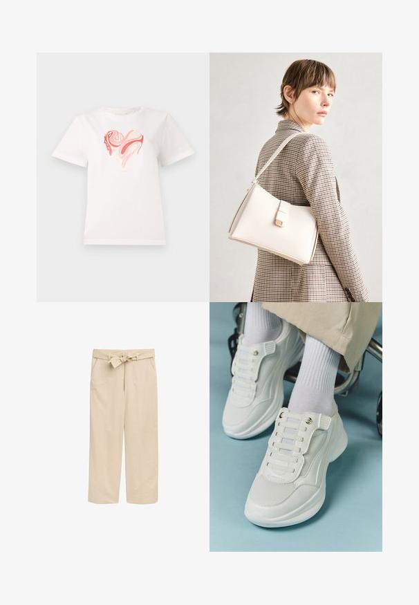 Hvid bomulds T-shirt med et hjertegrafik i nuancer af pink og koral, med svulmende abstrakte mønstre i midten. Kortærmet, rund hals.; Beige vid bukser med en struktureret rem, der har to sidelommer og en ren kant. Lavet af letvægtsstof for komfort.; Hvide sneakers med mesh-materiale, gummisål, snørebåndsfri design med elastiske bånd og guldtonede accenter.; Hvid læder håndtaske med en struktureret design, der har en magnetlukning og en skulderrem, præsenteret mod en neutral baggrund.