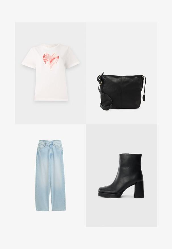 Valge puuvillane T-särk, millel on südame graafika roosa ja koralli varjundites, mille keskel on keerduvad abstraktsed mustrid. Lühikesed varrukad, ümmargune kaelus.; Heledad sinine laia säärega teksapüksid, mis on valmistatud denimist, kõrge talje, esi-taskud, nööbiga kinnitamine ja klassikaline õmblusdetail.; Must musta ankle boot, milleplokk-konts ja platvormi tallaga, vaadatud küljelt ühetoonilise valge tausta peal.; Must värvi nahast ristiõlakott, millel on lame kuju, kuldne metallist detailide aktsent ja reguleeritav rihm. Sile tekstuur väheste õmblusdetailidega.