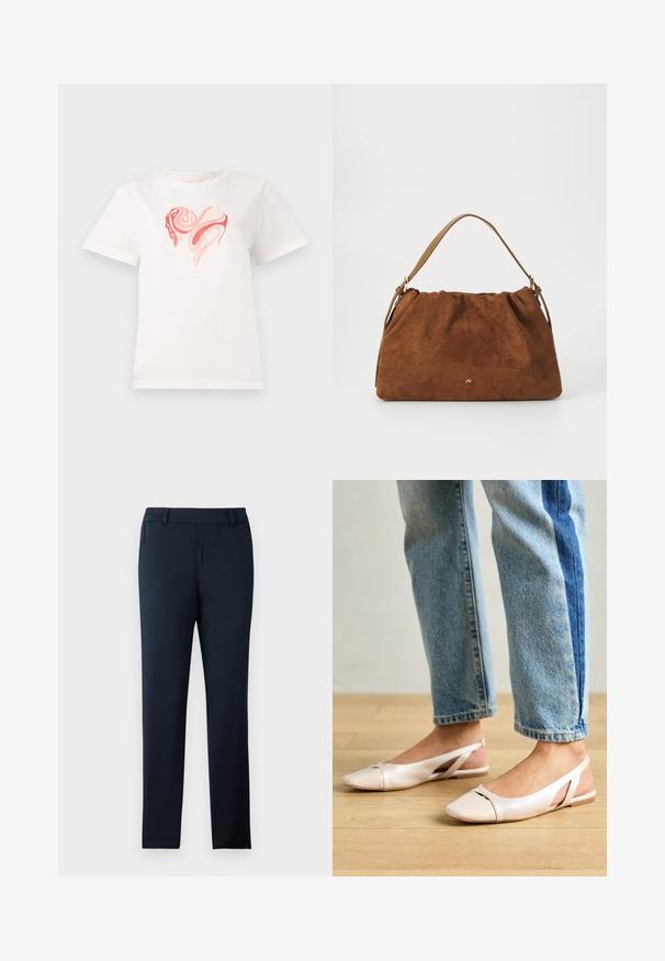 Fehér pamut póló, középen szív grafikával, rózsaszín és korall árnyalataiban, forgó absztrakt mintázatokkal. Rövid ujjú, kerek nyakkivágású.; Sötétkék nadrág, puha, rugalmas anyagból készült. Simára varrt elülső része van, övhurkokkal és keskeny, taperd lábujj elrendezéssel.; Világos rózsaszín slingback laposlábú cipők, hegyes orral, sima bőrhatású anyagból készült. Oldalt kivágott részletek találhatók rajta, valamint lapos sarkú.; Barna velúr kézitáska, gyűjtött kialakítással, egyetlen világosbarna bőrszíjjal és egy diszkrét arany logós részlettel az elején.