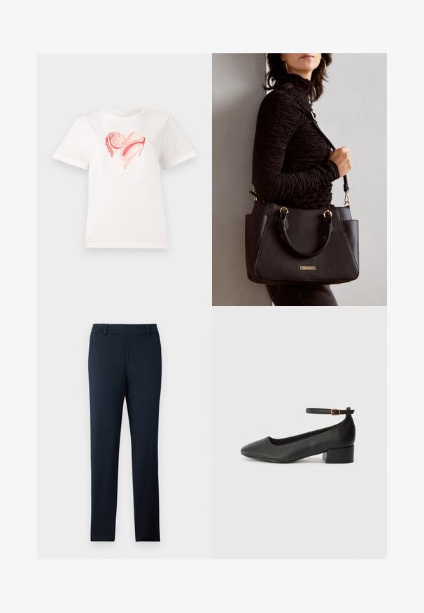 Biela bavlnená tričko s grafickým motívom srdca v odtieňoch ružovej a koralovej farby, so vírivými abstraktnými vzormi v strede. Krátke rukávy, okrúhly výstrih.; Námornícké modré nohavice vyrobené z mäkkej, elastickej látky. Majú plochý predný diel, pútka na opasok a úzky, tvarovaný strih nohavíc.; Čierne kožené lodičky s špicatou špičkou a nízkym blokovým podpätkom. Obsahuje remienok okolo členka so zlatým prackou. Hladký povrch.; Čierna kabelka s textúrovaným povrchom, dvojitými hornými rúčkami a nastaviteľným ramenným popruhom. Obsahuje zlaté kovanie a bočné vrecká.