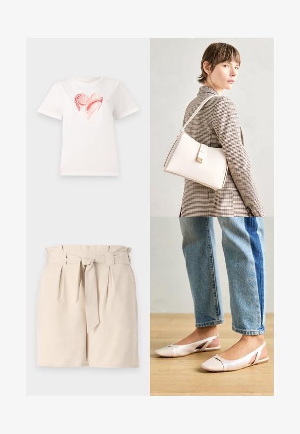 Camiseta de algodón blanca con un gráfico de corazón en tonos de rosa y coral, con patrones abstractos ondulantes en el centro. Mangas cortas, cuello redondo.; Pantalones cortos entallados de color beige, confeccionados con una tela ligera, que cuentan con una cinturilla con cinturón, detalles de pliegues y un corte recto.; Bailarinas de color rosa pálido con tiras traseras y punta puntiaguda, fabricadas con un material similar al cuero suave. Presentan detalles recortados en los laterales y un tacón plano.; Bolso de mano de cuero blanco con un diseño estructurado, que presenta un cierre magnético y una correa para el hombro, exhibido sobre un fondo neutro.