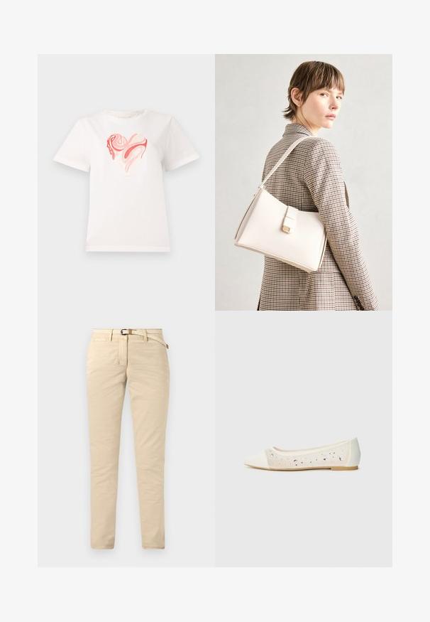 Valge puuvillane T-särk, millel on südame graafika roosa ja koralli varjundites, mille keskel on keerduvad abstraktsed mustrid. Lühikesed varrukad, ümmargune kaelus.; Beezidest kootud puuvillased chinos, millel on sile tekstuur, koos kootud vööga ja tavaliste taskutega. Kitsas lõige otse jalgadega.; Kohev varbaosa, kreemikad nahkplätud, mille läbipaistev ülaserv on kaunistatud laiali asetatud sädeleva kivid. Pehme talla disain mugavuseks, minimalistlik välimus.; Valge nahast käekott struktureeritud disainiga, millel on magnetlukk ja õlavarre rihm, esitletud neutraalse tausta ees.