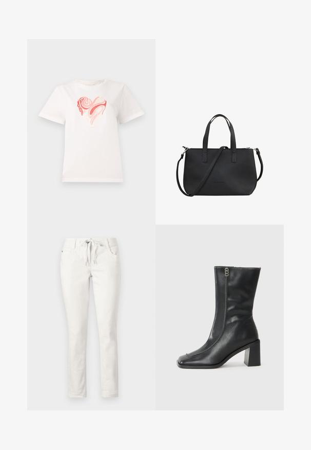Hvid bomulds T-shirt med et hjertegrafik i nuancer af pink og koral, med svulmende abstrakte mønstre i midten. Kortærmet, rund hals.; Hvide, slim-fit bukser med snøre i taljen, frontlommer og en glat tekstur. Velegnede til afslappet brug eller uformelle omgivelser.; Sorte læder ankelstøvler med firkantet tå, sidelukning og kraftig firkantet hæl. Har kontrastsyning langs den forreste søm.; Sort læderhåndtaske med struktureret overflade, dobbelte top håndtag og justerbar skulderrem. Har en lynlåslukning og minimal branding.