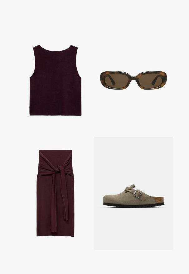 Haut en tricot sans manches bordeaux, avec un décolleté large et une silhouette ajustée, au toucher lisse et sans embellissements visibles.; Robe bordeaux avec un détail de nœud à la taille, fabriquée en tissu lisse et extensible. Silhouette ajustée avec une longueur droite.; Sabots en velours côtelé vert olive clair avec une semelle en liège et en caoutchouc moulée. Dispose d'une sangle latérale avec une boucle en métal et d'un bout arrondi.; Lunettes de soleil en écaille de tortue avec une monture lisse et arrondie en forme de rectangle et des verres marron. Elles présentent des branches fines et courbées avec une finition brillante.