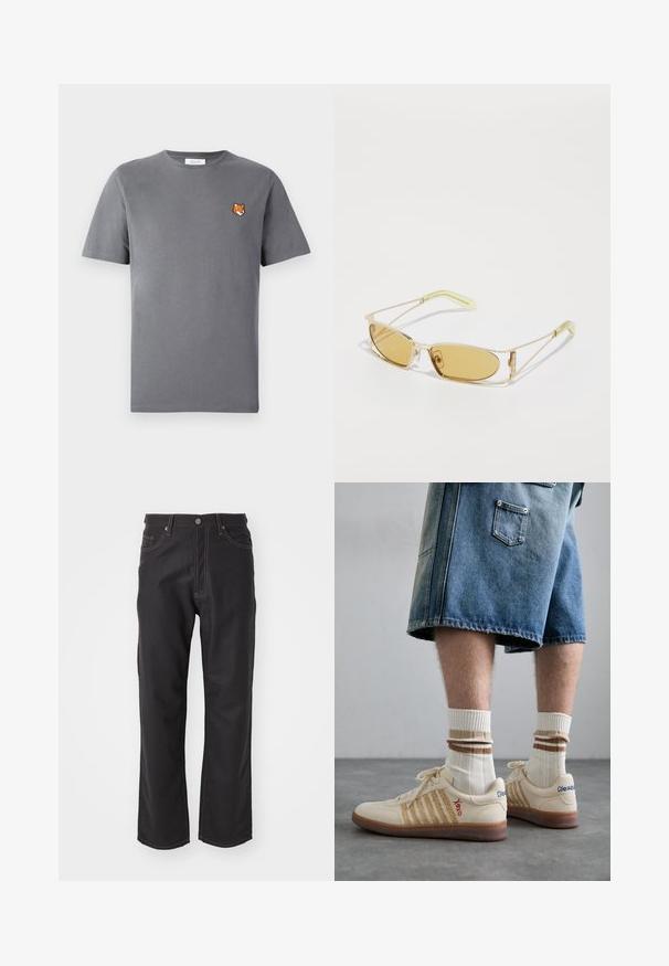 Camiseta de algodón gris con un pequeño bordado de la cabeza de un zorro naranja sobre el lado izquierdo del pecho. Cuello redondo, mangas cortas y un ajuste clásico.; Jeans de mezclilla negra con corte recto, adornados con costuras naranjas en contraste, diseño de cinco bolsillos y cierre clásico de botón.; Zapatillas retro beige con suela de goma marrón, que presentan acentos a rayas y logotipos bordados. Llevadas con calcetines blancos, con detalle a rayas marrones.; Gafas de sol con tintado amarillo, con un marco dorado translúcido, forma rectangular delgada y brazos angulares con acentos de color verde claro.