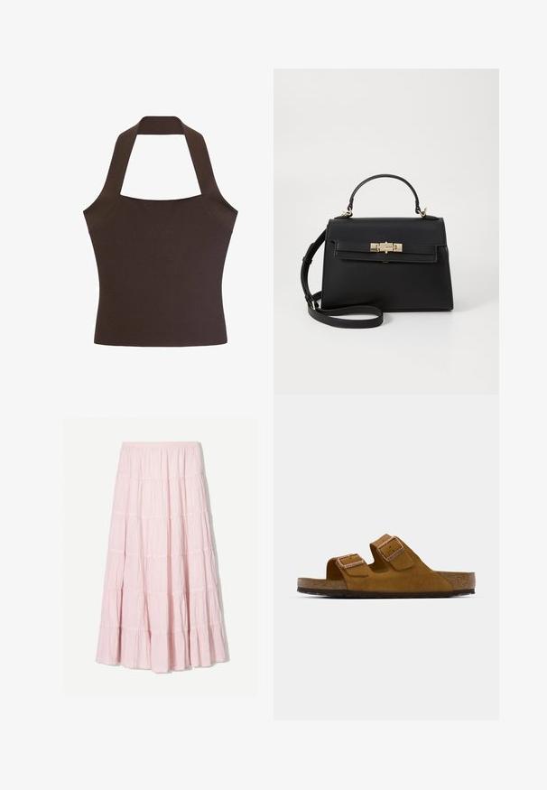 Top halter maro, realizat dintr-un material neted și texturat, cu un corp ajustat și bretele late care se unesc la gât și spate.; Fustă maxi roz deschis, cu volane, realizată dintr-un material texturat și ușor. Talie elastică și tiv fluid cu accente de volane.; Sandală slide din suede maron cu două curele reglabile, talpă din plută și talpă din cauciuc texturat. Design minimalist, fără decoruri suplimentare.; Geantă de mână din piele neagră, cu un design structurat, mânere superioare, curea de umăr detașabilă și accesorii de culoare aurie. Prezintă un sistem de închidere cu clapetă în față.; Colier din aur roz cu un pandantiv în formă de lebădă, embellisat cu cristale clare. Lanțul are un design delicat cu verigi.