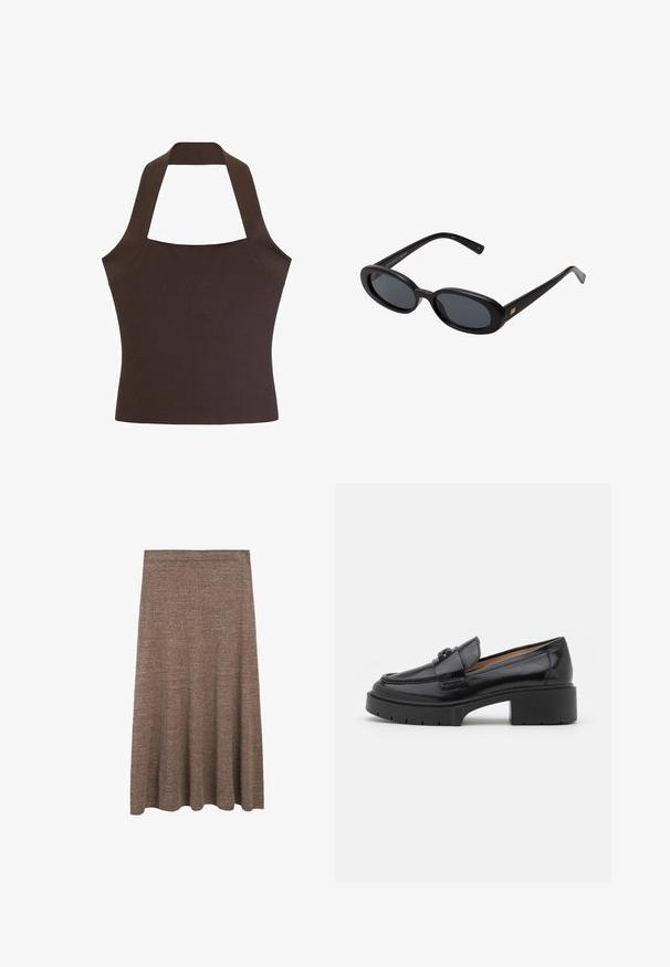 Top halter marrone realizzato in tessuto liscio e testurizzato, con un corpo aderente e spalline larghe che si collegano al collo e alla schiena.; Gonna midi in maglia marrone con silhouette svasata, caratterizzata da una morbida vita elastica e una sottile texture su tutta la superficie.; Mocassino in pelle nera con tacco basso, punta rotonda, cinturino decorativo e dettaglio di cucitura a trama sulla tomaia. Finitura liscia.; Occhiali da sole neri oversize con lenti ovali, montatura in plastica liscia e accenti dorati sulle tempie. Le lenti scure offrono protezione dal sole.; Borsa a tracolla in tela color crema con accenti blu navy. Presenta due manici lunghi, una tasca frontale e un piccolo logo. Dettagli cuciti su tutta la superficie.; Orologio da polso quadrato dorato con quadrante verde sfumato, indici delle ore dorati e bracciale a rete. Nome del marchio "CLUSE" visibile sul quadrante.