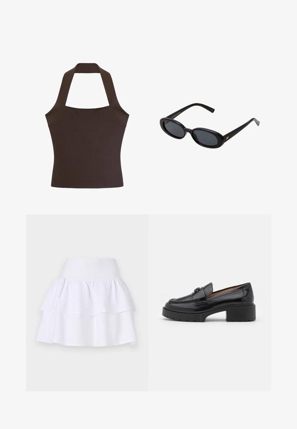 Hnědá halter top vyrobená z hladkého, texturovaného materiálu, s přiléhavým topem a širokými ramínky, která se spojují na krku a vzadu.; Bílá vrstvená sukně vyrobená z lehké tkaniny, s volným designem, elastickým pasem a dvěma řasenými vrstvami.; Černé kožené mokasíny s nízkým blokovým podpatkem, zaoblenou špičkou, dekoračním páskem a texturovaným prošíváním na svršku. Hladký povrch.; Černé oversized sluneční brýle s oválnými čočkami, hladkým plastovým rámem a zlatými akcenty na spáncích. Tmavé čočky poskytují ochranu před sluncem.; Černá kožená kabelka se strukturovaným designem, horním držadlem, odnímatelným ramenním popruhem a zlatými kováními. Obsahuje přední zapínání na klips.; Zlaté čtvercové hodinky s gradientním zeleným ciferníkem, zlatými hodinovými značkami a síťovým náramkem. Název značky "CLUSE" zobrazen na ciferníku.