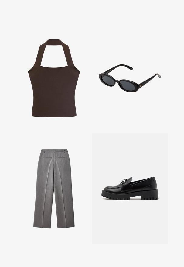 Brown halter top made of smooth, textured fabric, with a fitted bodice and wide straps connecting at the neck and back.; Gray tailored trousers with a flat front, straight leg design, two back pockets, and subtle texture.; Black leather loafers with a chunky, ridged sole and a metallic buckle accent on the strap. Smooth texture, classic design.; Black oversized sunglasses with oval lenses, smooth plastic frame, and gold accents on temple. Dark lenses provide sun protection.; Canvas tote bag in cream with navy accents. Features two long handles, a front pocket, and a small logo. Stitched detailing throughout.; Gold square wristwatch with a green gradient dial, gold hour markers, and a mesh bracelet. Brand name "CLUSE" displayed on the dial.