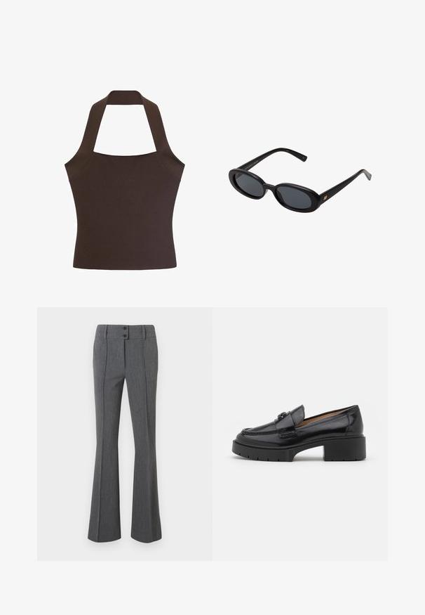 Haut halter marron en tissu lisse et texturé, avec un corsage ajusté et de larges bretelles reliant le cou et le dos.; Pantalon gris avec plis à l'avant, jambes évasées, ceinture avec passants et fermeture à double bouton.; Mocassin en cuir noir avec un petit talon bloc, une pointe arrondie, une sangle décorative et des détails de couture texturés sur le dessus. Fini lisse.; Lunettes de soleil noires surdimensionnées avec des verres ovoïdes, monture en plastique lisse et accents dorés sur les tempes. Les verres sombres offrent une protection contre le soleil.; Sac en toile crème avec des accents bleu marine. Comprend deux longues poignées, une poche avant et un petit logo. Détails cousus tout au long.; Montre-bracelet carrée en or avec un cadran dégradé vert, des index heures en or et un bracelet en maille. Marque "CLUSE" affichée sur le cadran.