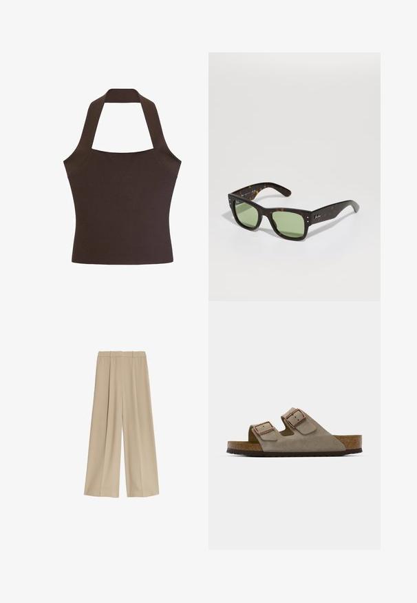 Brown halter top made of smooth, textured fabric, with a fitted bodice and wide straps connecting at the neck and back.; Beige wide-leg trousers with a smooth texture, featuring two side pockets and a flat front waistband, designed for a relaxed fit.; Suede slide sandal in light grey with two adjustable buckles, a cork midsole, and a textured rubber outsole.; Brown tortoiseshell sunglasses with green lenses, square shape, and metal accents. Features logo on the left temple. Matte finish.; Massimo Dutti Handbag - brown