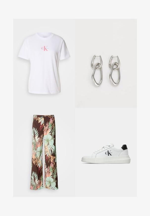 Fehér pamut póló, kerek nyakkal, rövid ujjakkal, elülső rózsaszín és kék logóval, alatta "Calvin Klein" felirattal.; Széles lábú nadrág sötétbarna anyagból, élénk virágos és levélmintával, zöld, piros és barack színekben. Puha, könnyű anyag.; Fehér alacsony szárú edzőcipő fekete saroktabbal, platform talppal, fűzőkkel és Calvin Klein "CK" logóval az oldalán.; Calvin Klein STATEMENT LINKS - Fülbevalók - silver-coloured