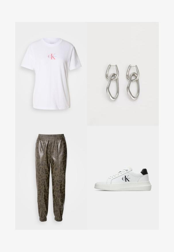Weißes Baumwoll-T-Shirt mit Rundhalsausschnitt, kurzen Ärmeln und einem Frontlogo in Pink und Blau mit dem Text "Calvin Klein" darunter.; Olivgrüne Faux-Leder-Joggers mit einem Leopardenmuster, ausgestattet mit einem elastischen Bund und bündchenartigen Knöcheln, glatter Textur und Taschen.; Weiße Low-Top-Sneaker mit schwarzem Fersenpatch, Plateau-Sohle, Schnürsenkeln und Calvin Klein "CK"-Logo an der Seite.; Calvin Klein STATEMENT LINKS - Ohrringe - silver-coloured