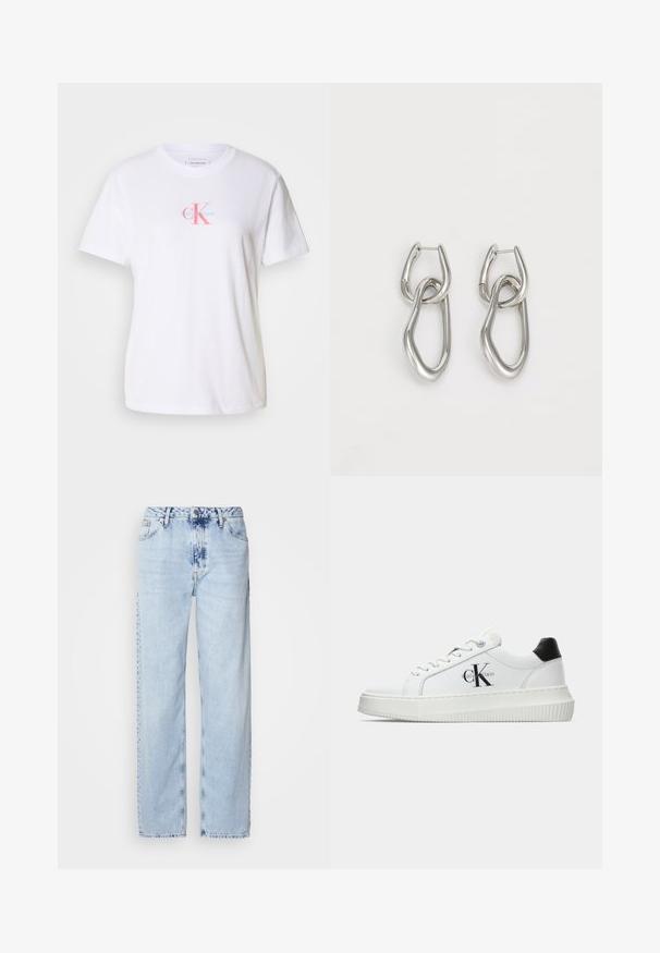 Hvit bomulls t-skjorte med rund hals, korte ermer, og et frontlogo i rosa og blått med teksten "Calvin Klein" under.; Lyseblå vide jeans laget av denim, med høy midje, falmet vask og subtilt tie-dye mønster foran.; Hvite lavsko med svart hæltab, plattformsåle, snøringer og Calvin Klein "CK" logo på siden.; Calvin Klein STATEMENT LINKS - Øredobber - silver-coloured