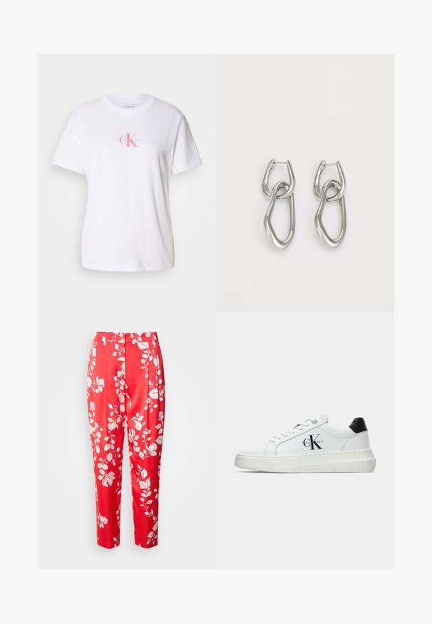 Balta medvilninė marškinėliai su apvalia iškirpte, trumpomis rankovėmis ir priekyje esančiu logotipu rožinės ir mėlynos spalvų su užrašu "Calvin Klein" po juo.; Raudoni kelnės, pagamintos iš lygaus audinio, dekoruotos baltu gėlių raštu. Jos turi pritaikytą siluetą su aukštu liemeniu ir trumpu ilgimu.; Balti žemakulniai bateliai su juodu kulno dangteliu, platformos padu, raišteliais ir Calvin Klein "CK" logotipu šone.; Calvin Klein STATEMENT LINKS - Auskarai - silver-coloured