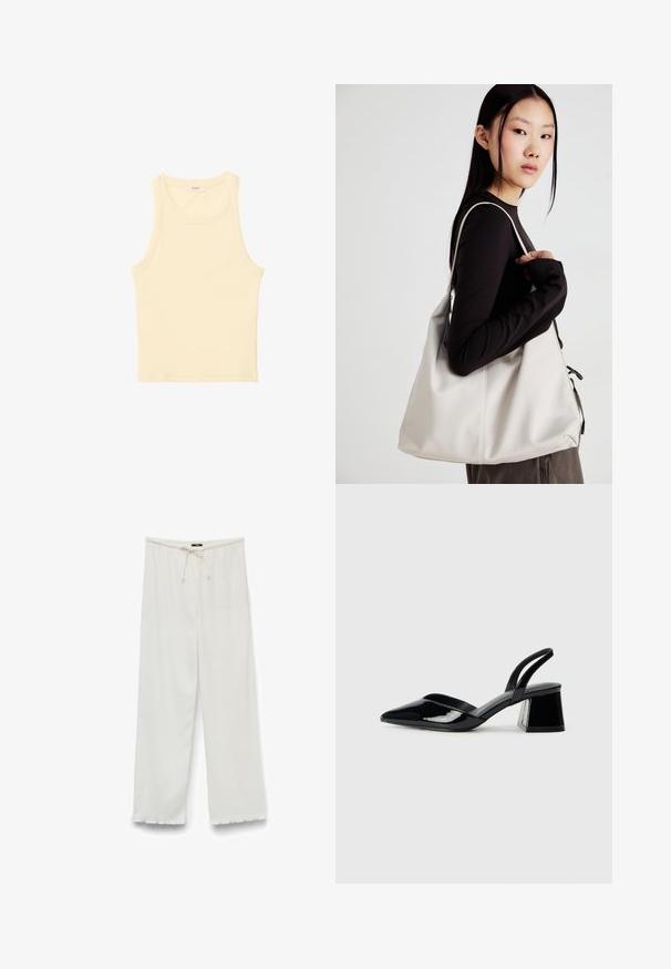 Světle žlutý, bezramínkový top vyrobený z hladkého žebrovaného materiálu. Má kulatý výstřih a rovný střih, bez viditelných vzorů nebo ozdob.; Široké kalhoty v odstínu krémové s texturovanou tkaninou, elastickým pasem se stahovací šňůrkou a surovými okraji na lemech.; Černé lakované kožené lodičky na pásku s špičatou špičkou a geometrickým blokovým podpatkem. Vyznačují se elegantním, minimalistickým designem a hladkým povrchem.; Beige kabelka vyrobená z měkkého materiálu, s volným designem, prošívanými detaily a dvěma ramenními popruhy. Vhodná pro každodenní použití.