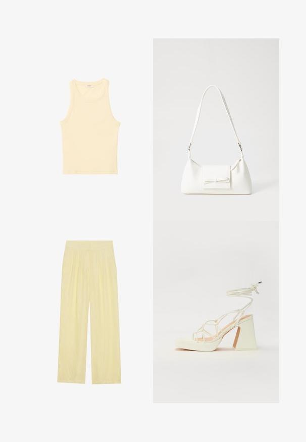 Lysegul, ærmeløs top i ribbet stof. Har en rund halsudskæring og lige skæring, uden synlige mønstre eller dekorationer.; Lysgule bredbenede bukser lavet af et tekstureret stof, med en plisseret front og et højt elastisk taljebånd.; Hvide højhælede sandaler med en kraftig hæl, der har et stropdesign og ankelbinding. Glat tekstur med en platform foran for ekstra højde.; Hvid syntetisk håndtaske med en trekantet form, flad forsideklap og sløjfedetalje, justerbar strop, glat tekstur og minimalistisk design.