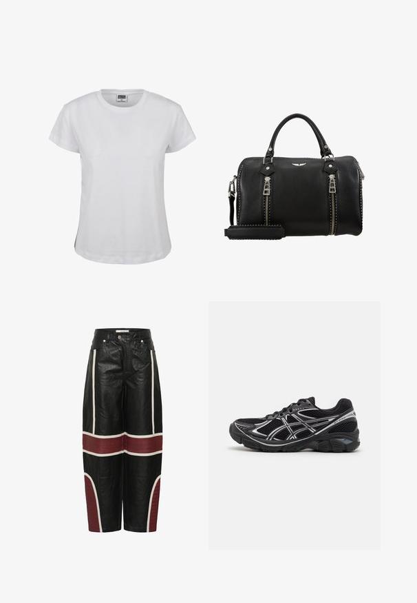White cotton t-shirt with a classic crew neckline, short sleeves, and a straight hem. Features a label with "URBAN CLASSICS" in black.; Black wide-leg leather pants with white vertical stripes and horizontal maroon quilted panels above knees and on lower legs.; Black athletic shoes with gray accents, mesh fabric upper, cushioned sole, and a textured rubber outsole. Features a streamlined design.; Black leather handbag with dual silver zippers, top handles, adjustable strap, and studded accents along the edges. Textured finish.