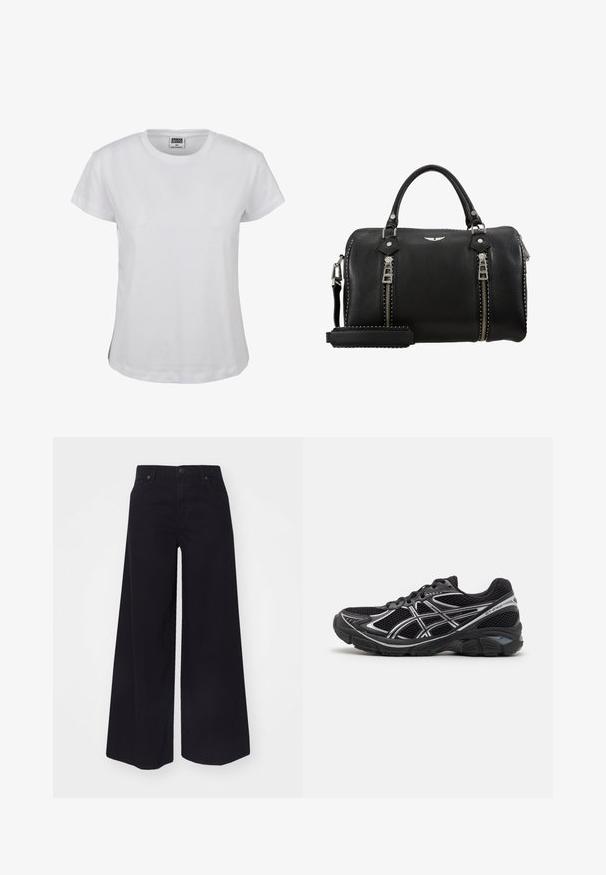 Vit bomullströja med klassisk rund hals, korta ärmar och rak fåll. Har en etikett med "URBAN CLASSICS" i svart.; Svarta vida jeans gjorda av denim, med hög midja, frampockets och knappstängning. Slät textur utan mönster eller detaljer.; Svarta sportskor med grå accenter, överdel i nätmaterial, vadderad sula och en texturerad gummiyttersula. Har en strömlinjeformad design.; Svart läderhandväska med dubbla silverdragkedjor, övre handtag, justerbar rem och nitar längs kanterna. Strukturerad yta.
