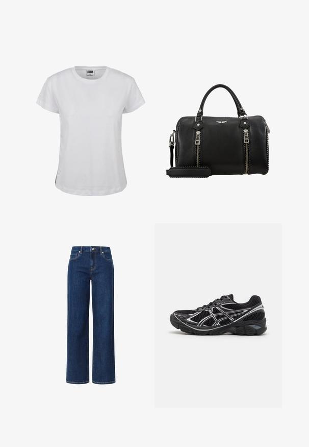 Bela bombažna majica s klasičnim okroglim izrezom, kratkimi rokavi in ravnim robom. Ima etiketo z napisom "URBAN CLASSICS" v črni barvi.; Široke traperice v temno modrem denimu z gladko teksturo, ki imajo zapenjanje na gumb in zadrgo, pet žepov ter kontrastne šive.; Črne športne čevlje z sivimi poudarki, zgornji del iz mrežastega blaga, oblazinjeni podplat in teksturirana gumijasta podloga. Imajo poenostavljen dizajn.; Črna usnjena torbica z dvojnimi srebrnimi zadrgami, zgornjimi ročaji, nastavljivim trakom in zakovicami ob robovih. Teksturiran zaključek.