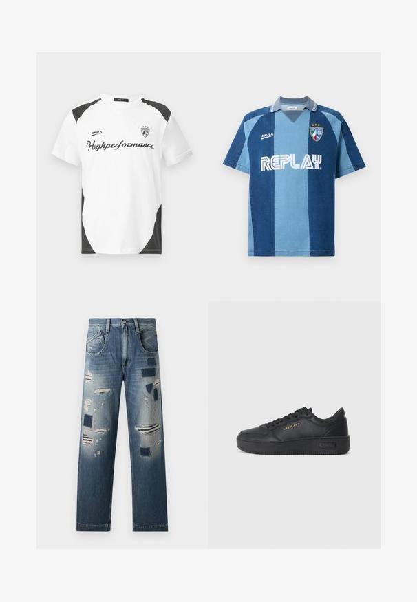 Valge lühikeste varrukatega t-särk mustade aktsentidega. Omab "REPLAY FC" logo ja "Highperformance" teksti sportlikus kirjas. Valmistatud siledast materjalist.; Denim-stiilis trikotaaž lühikeste varrukatega, tumeda ja helesinise riba kujundusega, V-kaelusega ja silmatorkava "REPLAY" logoga.; Teksased, millel on kulunud plaastrid ja erinevad sinise tooni variatsioonid, sirge sääre lõike ja traditsioonilise viie tasku kujundusega.; Replay EPIC HIGH - Tossud - black