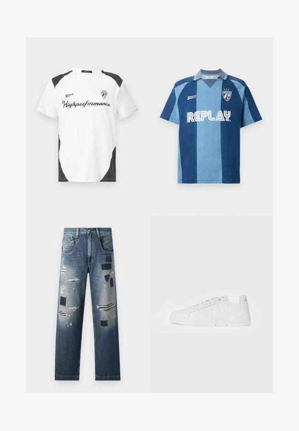 Hvit kortermet T-skjorte med svarte detaljer. Har "REPLAY FC" logo og "Highpeformance" tekst i en sporty skrifttype. Laget av et glatt materiale.; Denim-inspirert jersey med korte ermer, utstyrt med et mørkeblått og lysblått stripete design, V-hals krage og "REPLAY"-logoen tydelig vist.; Dongeribukser med slidte lapper og varierende blånyanser, med en rett benkutt og tradisjonell fem-lomme design.; Replay POLYS DEBOSS - Joggesko - white