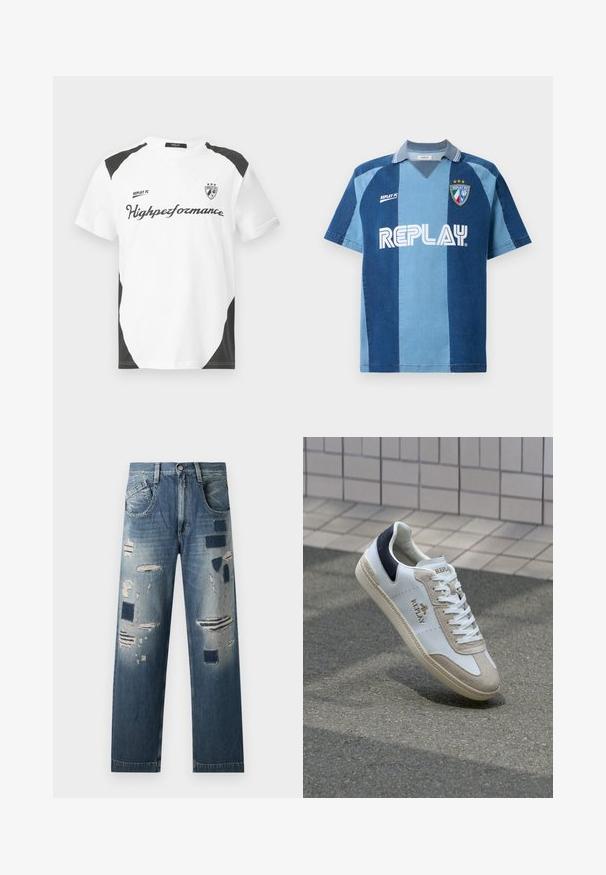 Weißes Kurzarm-T-Shirt mit schwarzen Akzenten. Verfügt über das Logo "REPLAY FC" und den Text "Highperformance" in einer sportlichen Schriftart. Hergestellt aus einem glatten Material.; Jeans-inspiriertes Jersey mit kurzen Ärmeln, das ein dunkelblaues und hellblaues gestreiftes Design, einen V-Ausschnitt und das auffällig platzierte "REPLAY"-Logo aufweist.; Jeans aus Denim mit abgenutzten Flicken und verschiedenen Blautönen, im geraden Schnitt und mit klassischem Fünf-Taschen-Design.; Weiße Ledersneaker mit beigen Wildlederakzenten, navyfarbener Fersenlasche und goldfarbenem Logo. Strukturiertes Profil mit dekorativem Muster. Klassisches Schnürdesign.