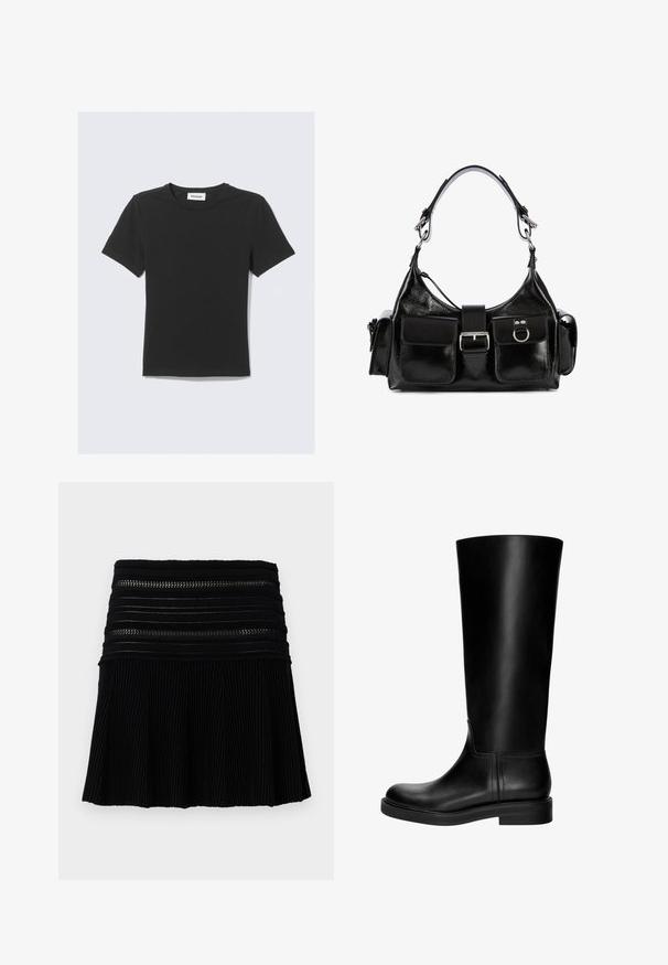 T-shirt noir à manches courtes en coton doux, avec un col rond et une coupe régulière, sans motifs ni accents visibles.; Jupe plissée noire avec un design à côtes texturé. Caractéristiques de bandes horizontales à la taille avec des découpes. Longueur courte.; Bottte en cuir noir, haute jusqu'au genou, avec une texture lisse, un bout arrondi, un design épuré et un petit talon bloc. Pas de matériel ou de motifs visibles.; Sac à main en cuir noir avec une finition brillante, doté d'une boucle centrale, de deux poches avant et d'une courte bandoulière.