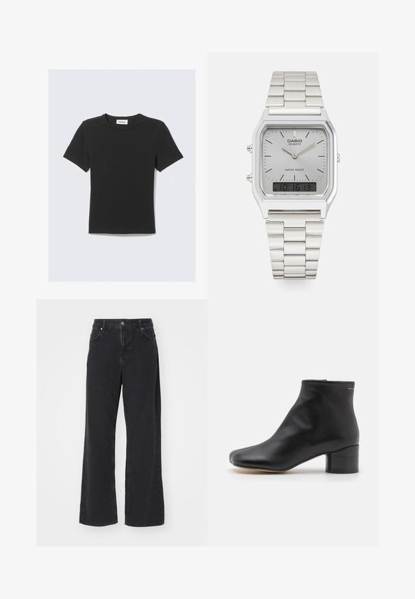 Black short-sleeve T-shirt made of soft cotton, featuring a crew neckline and a regular fit, with no visible patterns or accents.; Black high-waist straight-leg jeans with front button, belt loops, and pockets, displayed against a white background.; Black leather ankle boot with a rounded toe, mid-height block heel, smooth texture, and a zipper closure on the back.; Silver Casio quartz watch with rectangular face, analog and digital displays, stainless steel bracelet, and water-resistant features.