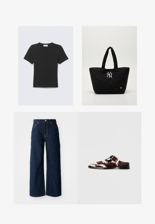 Black short-sleeve T-shirt made of soft cotton, featuring a crew neckline and a regular fit, with no visible patterns or accents.; Wide-leg dark blue denim jeans with contrast stitching, five-pocket design, and a button closure at the waist.; Brown and white leather mules with a cutout design, featuring a side buckle and a low black heel. Soft, textured finish.; Quilted black tote bag with double handles, featuring a white New York Yankees logo and a small brand emblem on the side.