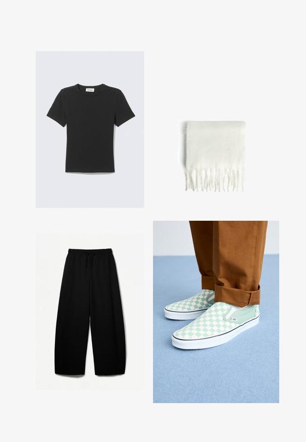 Čierne tričko s krátkym rukávom z jemnej bavlny, s okrúhlym výstrihom a klasickým strihom, bez viditeľných vzorov alebo zdobení.; Čierne široké nohavice s elastickým pásom a šnúrkou na sťahovanie. Mäkko tkanina s hladkou textúrou. Priamy strih so bočnými švami.; Nohy v hnedých nohaviciach s manžetami, obuté v pastelovo zelených a bielych kockovaných slip-on teniskách Vans, stoja na svetlom modrom koberci.; Biela fleecová šál s frayed okrajmi, mäkkou textúrou a obdĺžnikovým tvarom. Vhodný na vrstvenie a poskytovanie tepla.