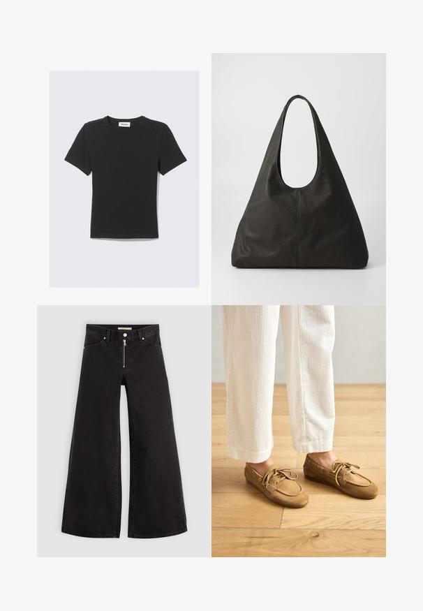 Czarna, krótkorękawowa koszulka wykonana z miękkiej bawełny, z okrągłym dekoltem i regularnym krojem, bez widocznych wzorów ani ozdób.; Jeans o szerokich nogawkach w czarnym denienie z zamkiem błyskawicznym z przodu, pięcioma kieszeniami i subtelnymi detalami przeszycia. Gładka tekstura i swobodny styl.; Brązowe zamszowe buty żeglarskie ze sznurowadłami, z zaokrąglonym noskiem i szytymi detalami. Noszone z białymi spodniami z kordurowej tkaniny w drewnianym otoczeniu.; Czarna skórzana torba tote z zakrzywionym uchwytem, wydłużonym trójkątnym kształtem i gładką fakturą. Charakteryzuje się minimalistycznym wzornictwem bez widocznych elementów metalowych.