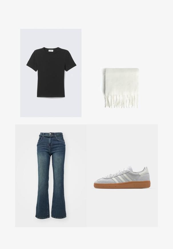 Černé tričko s krátkým rukávem z měkké bavlny, s kulatým výstřihem a klasickým střihem, bez viditelných vzorů či zdobení.; Tmavě modré zvonové džíny s vysokým pasem, vyrobené z denimu. Obsahují přední kapsy, zapínání na knoflík a jemné vyblednutí na stehnech.; Svetle šedé nubukové tenisky s bílými koženými akcenty, třemi bílými pruhy a hnědou gumovou podrážkou, s polstrovaným límcem pro pohodlí.; Bílá fleecová šála s třásněmi, měkká textura a obdélníkový tvar. Vhodná pro vrstvení a poskytování tepla.